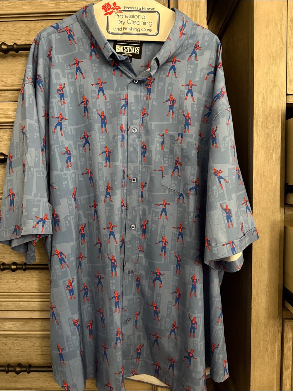 RSVLTS Gray Short-Sleeve Button-Up with Red and Blue Spiderman Graphic Print